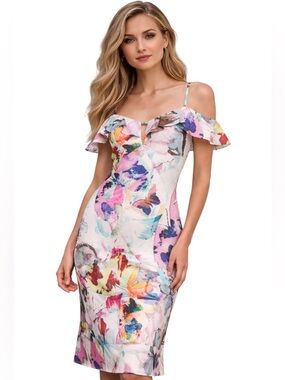 Black Halo Lolah Floral Slip Dress Cold Shoulder Ruffle Butterfly Garden Print 6